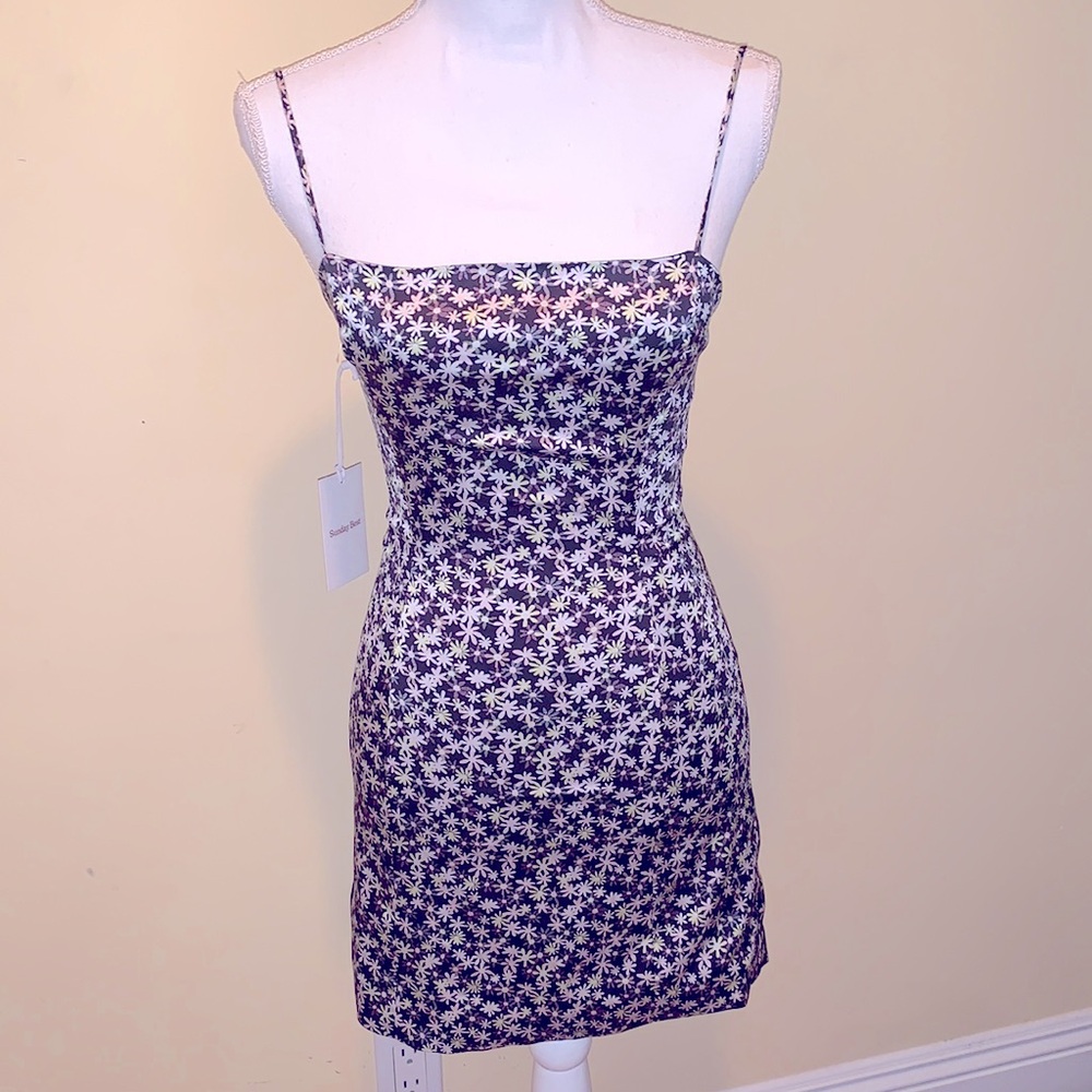 ARITZIA SUNDAY BEST Shimmer Mini Dress Satin  Spaghetti Straps Ditzy Print Sz 0